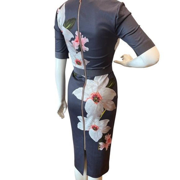 Ted Baker Bisslee Chatsworth Charcoal and Pink Floral Bodycon Dress - Picture 2 of 5